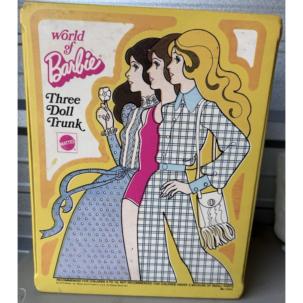 Vintage 1974 Mattel The World Of Barbie Three Doll Trunk Case #7900 Yellow
